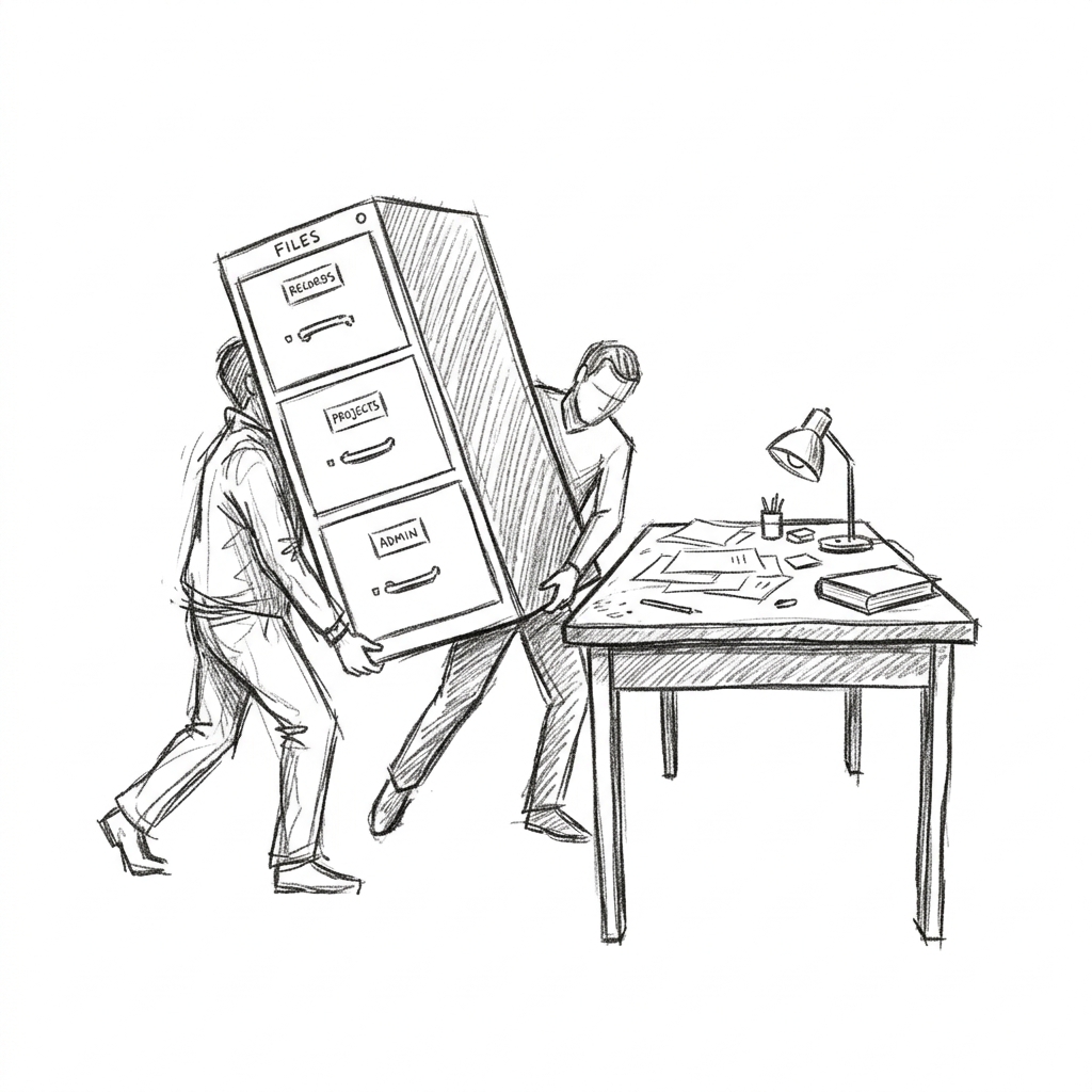 A stack of uniform filing cabinet drawers being moved onto a small reading desk